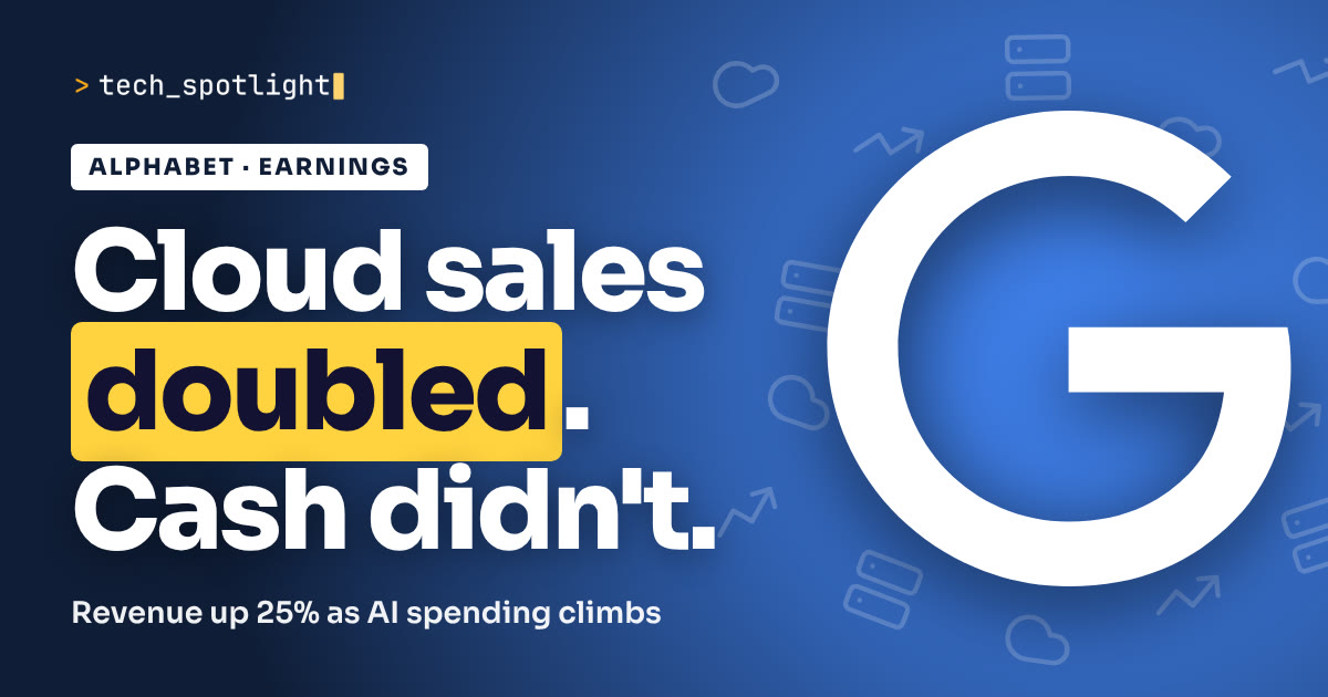 Alphabet Q3 earnings poster in Google colours with the Google logo and the words 'Cloud sales doubled. Cash didn't.'