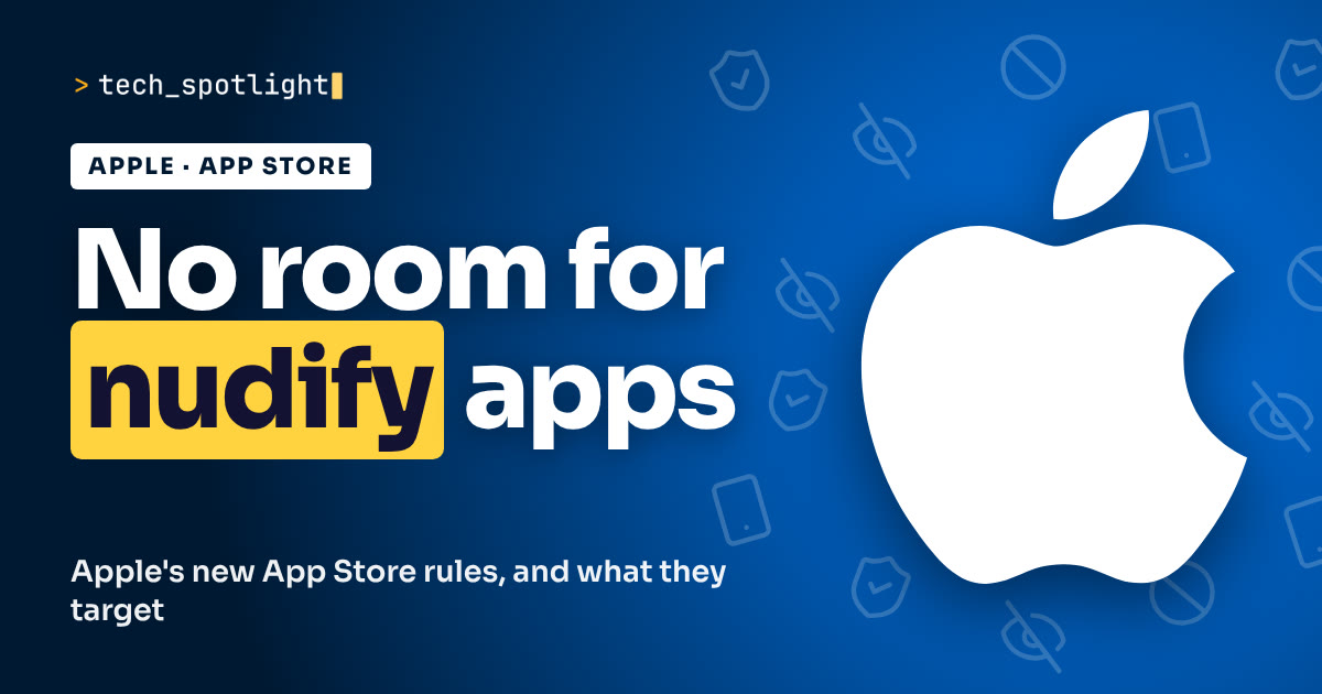 TechSpotlight poster in Apple colours with the Apple logo and the words 'No room for nudify apps'