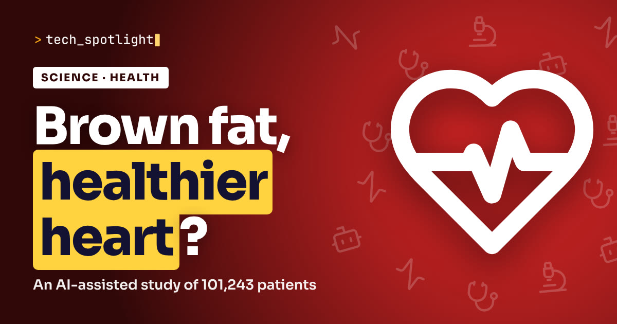 TechSpotlight poster in Health research colours with a health research symbol and the words 'Brown fat, healthier heart?'