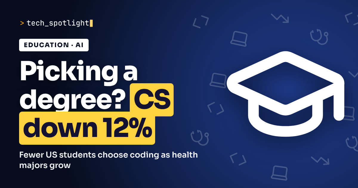 Computer science enrollment poster in deep blue with a graduation cap and the words 'Picking a degree? CS down 12%'