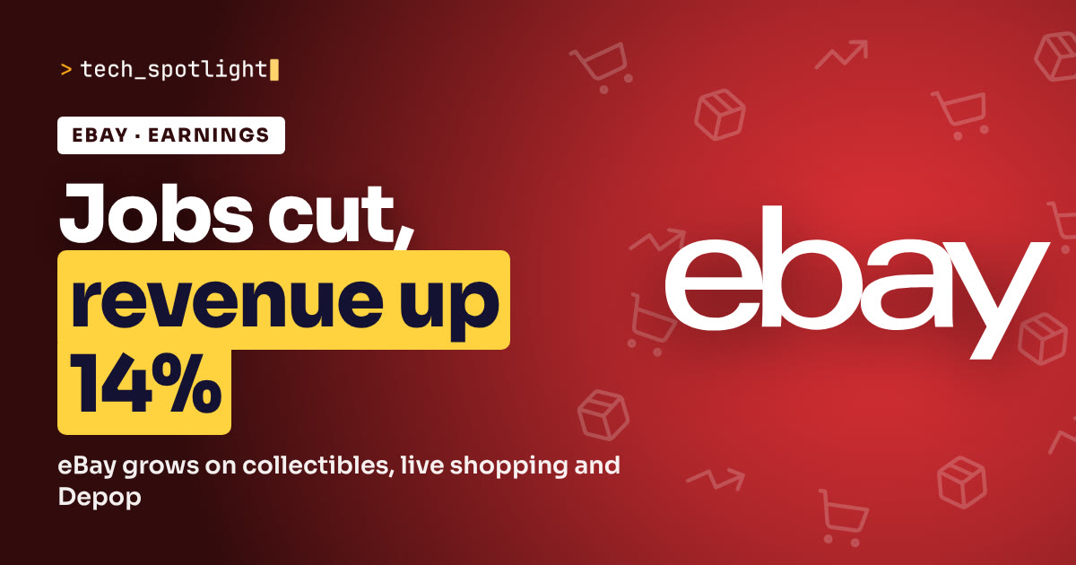 eBay earnings poster in eBay red with the eBay logo and the words 'Jobs cut, revenue up 14%'