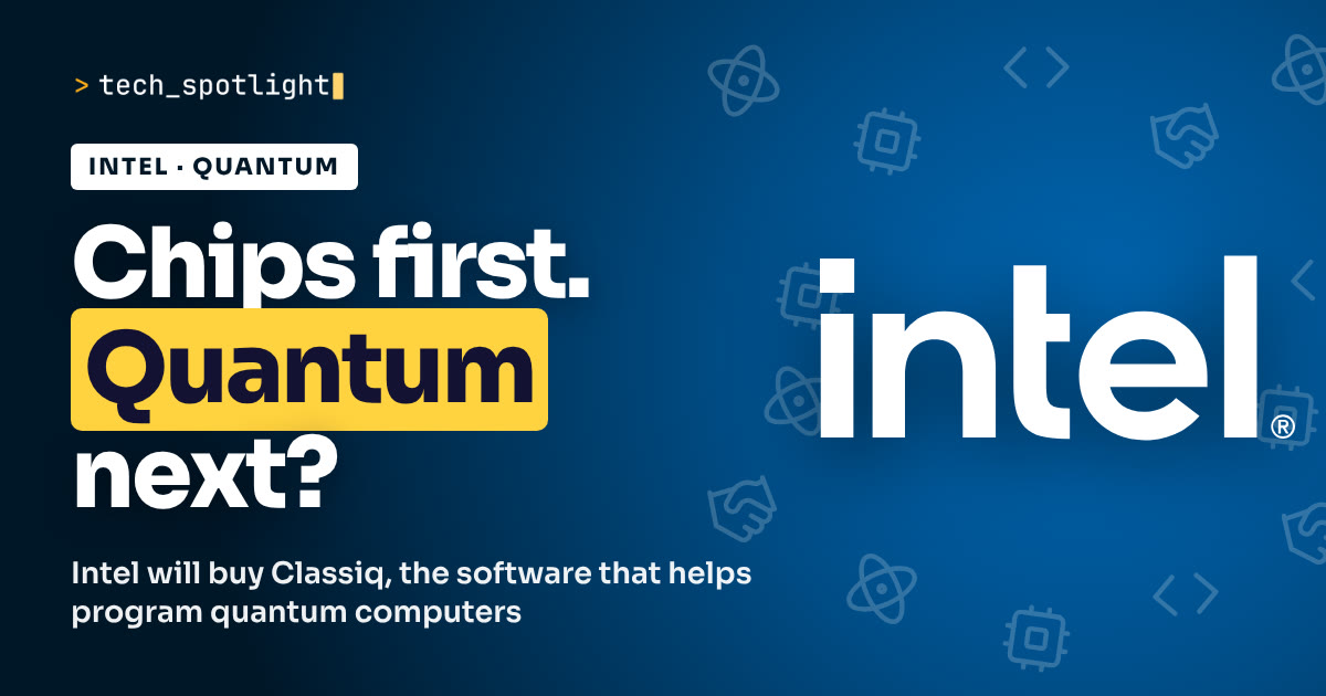 Poster in Intel blue with the Intel logo and the words 'Chips first. Quantum next?'