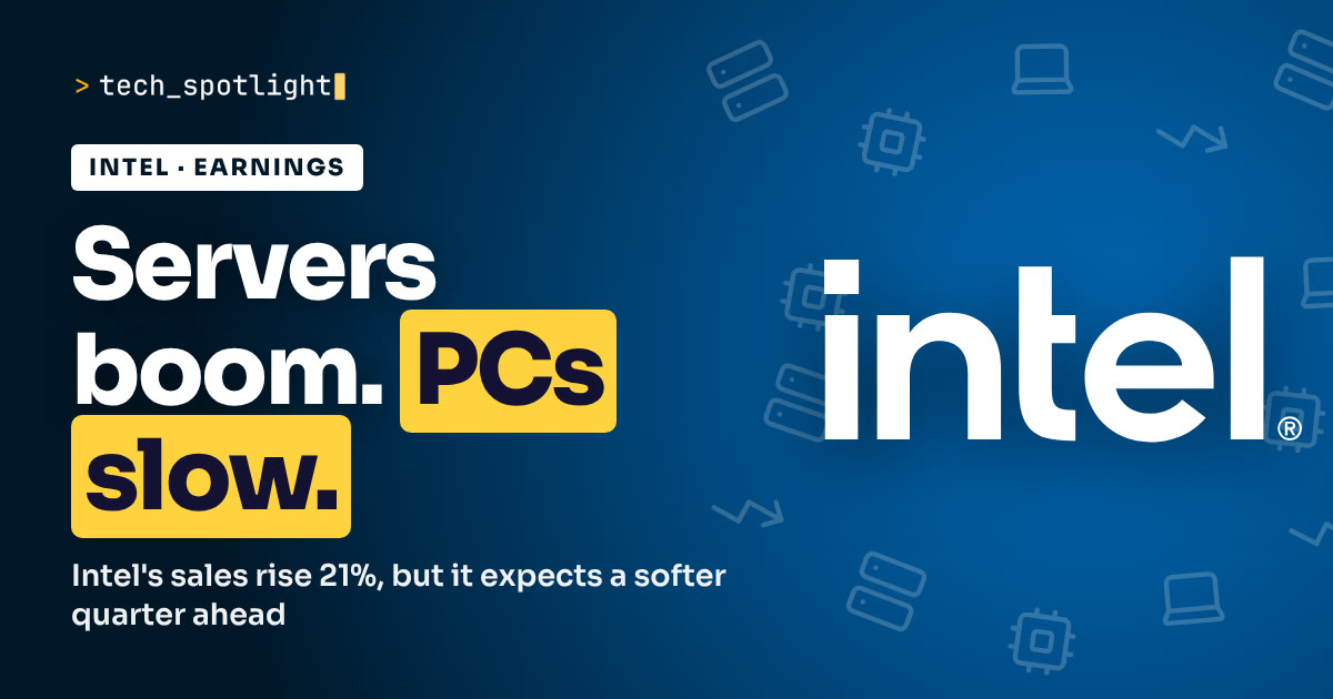 Intel Q3 2026 earnings poster in Intel colours with the Intel logo and the words 'Servers boom. PCs slow.'