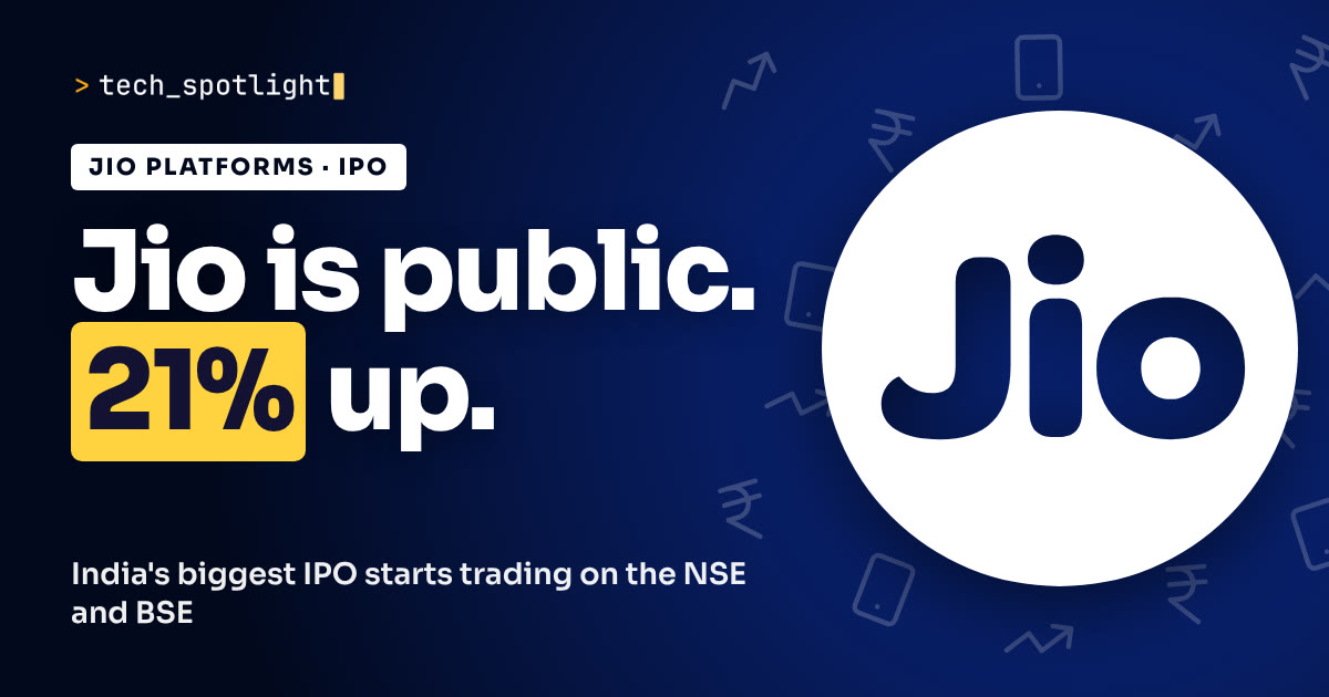 Poster in Jio Platforms colours with the Jio logo and the words 'Jio is public. 21% up.'