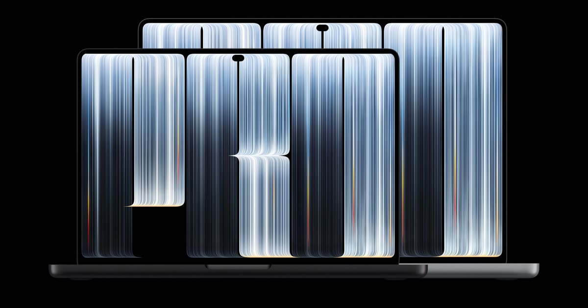 The 14-inch and 16-inch MacBook Pro OLED models side by side, with a Dynamic Island at the top of each screen
