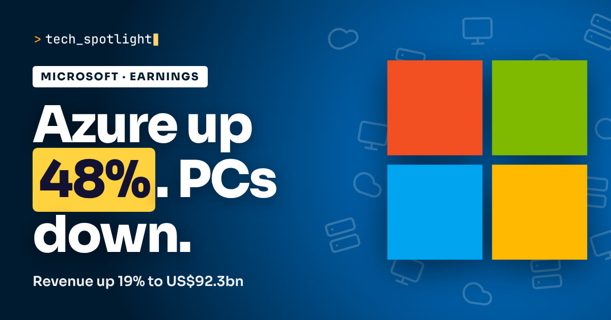 Microsoft Q1 2027 earnings poster in Microsoft blue with the Microsoft logo and the words 'Azure up 48%. PCs down.'