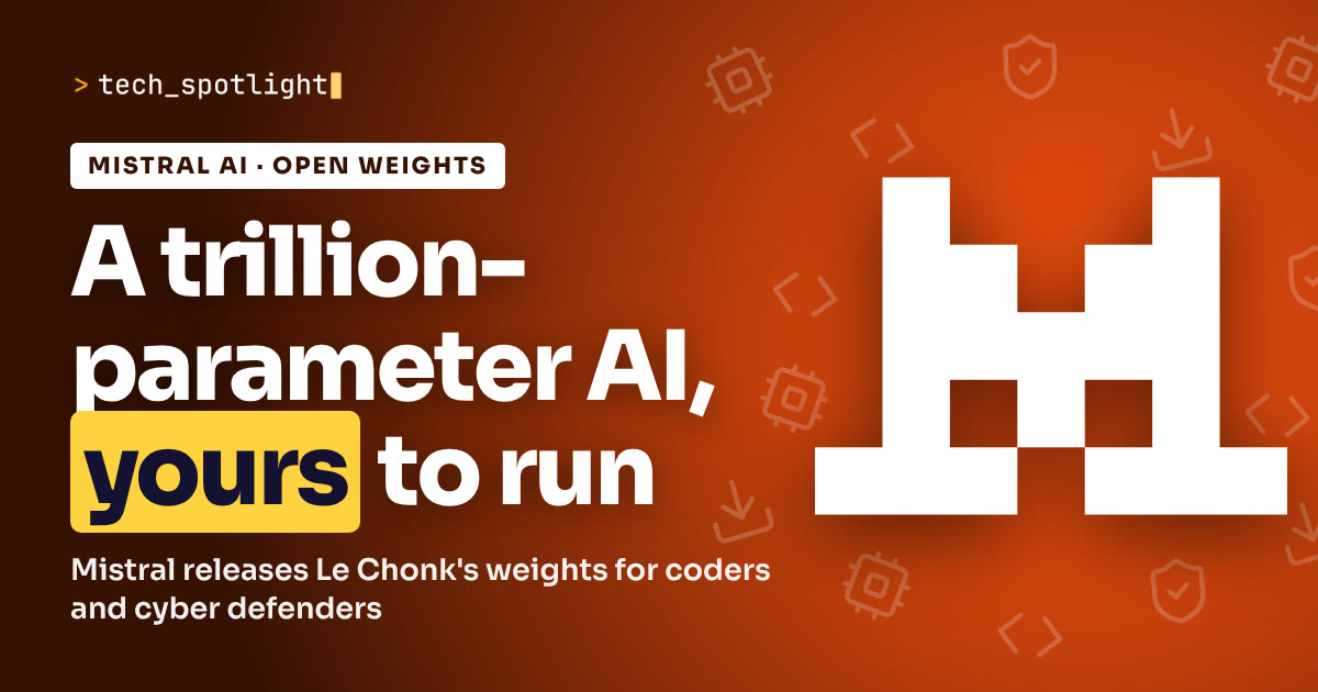 Poster in Mistral AI colours with the Mistral AI logo and the words 'A trillion-parameter AI, yours to run'