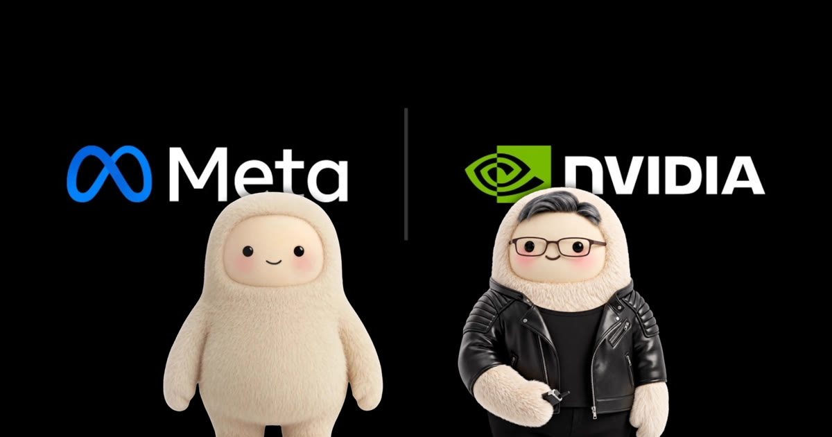 Meta and NVIDIA logos on black with two fluffy cartoon mascots, from NVIDIA's announcement