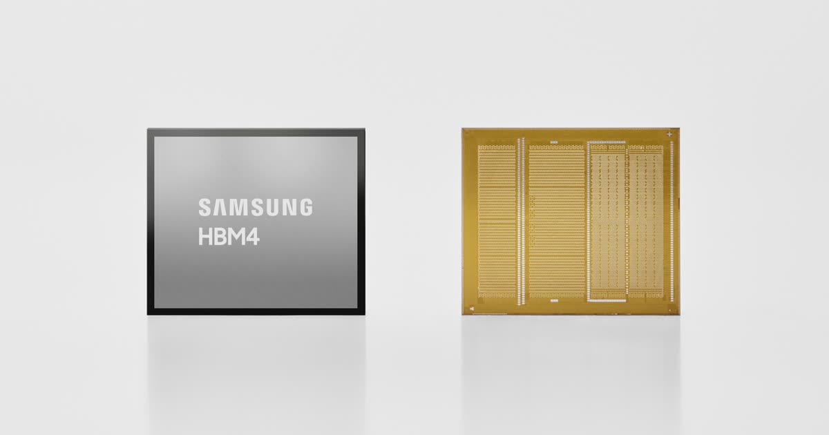 Samsung HBM4 memory chip, the AI chip behind its Q3 results, shown front and back on a pale grey background
