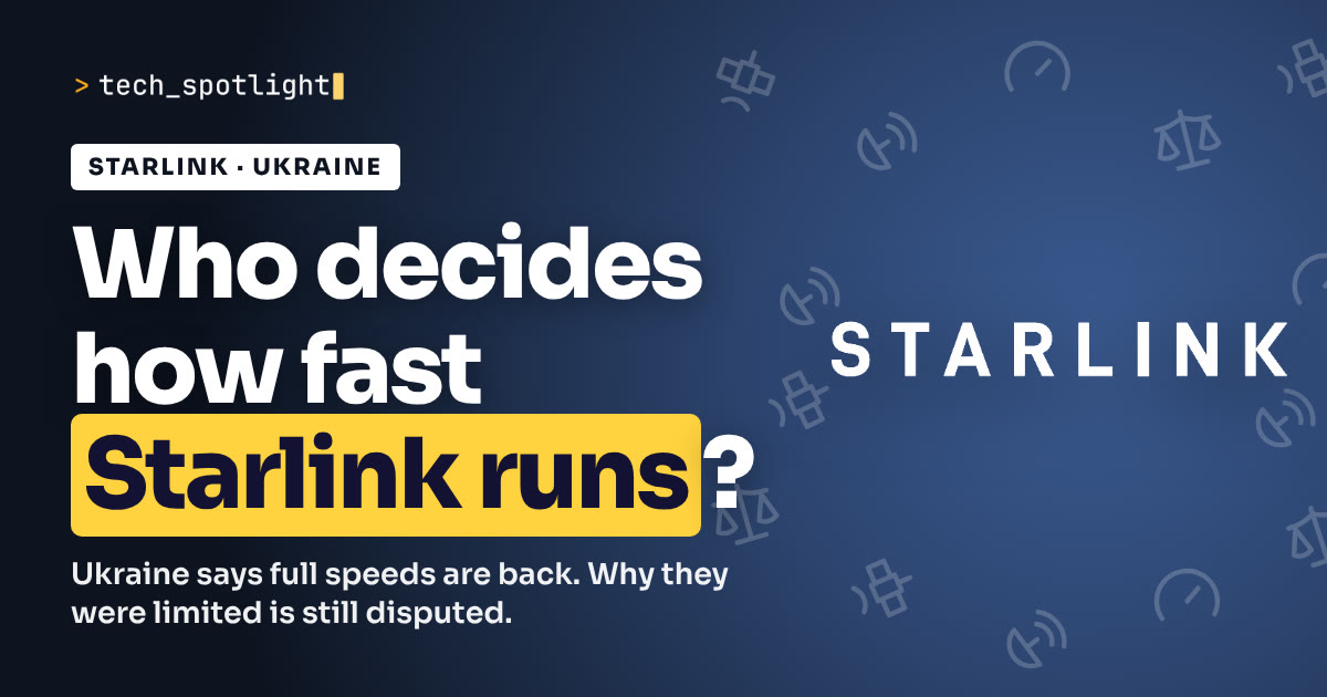 Poster in Starlink colours with the Starlink logo and the words 'Who decides how fast Starlink runs?'
