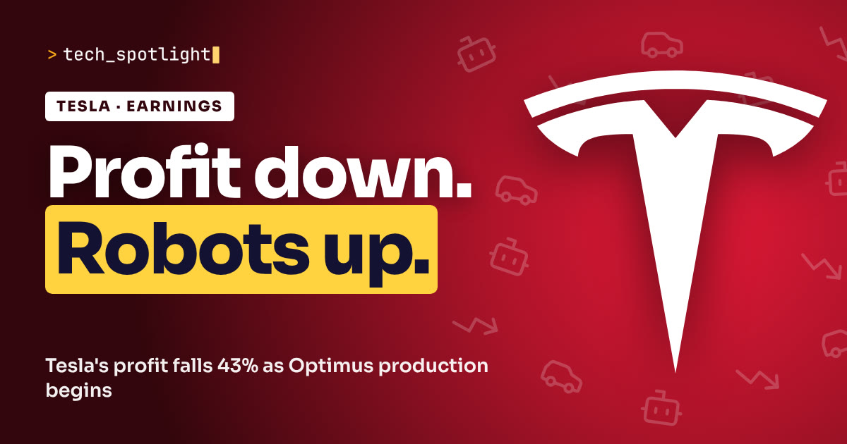 TechSpotlight poster in Tesla colours with the Tesla logo and the words 'Profit down. Robots up.'