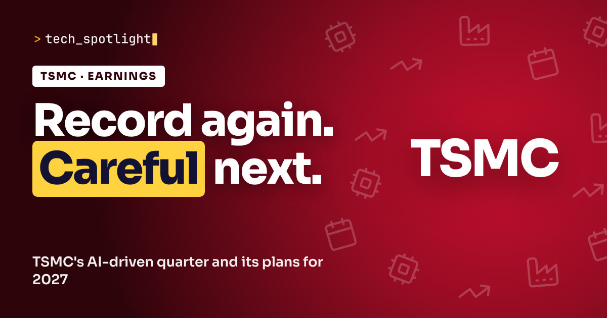 TechSpotlight poster in TSMC colours with the name TSMC and the words 'Record again. Careful next.'