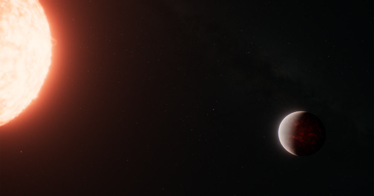 Artist's concept of the lava planet TOI-561 b, half lit and glowing red, beside its bright orange star